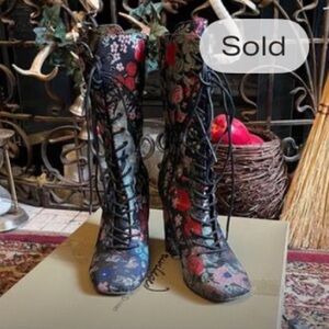 Privileged by J C Dossier Navy Floral Embroidered Lace-Up mid calf Boots
